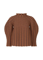 The COLORFUL MUSHROOM KNIT by PLEATS PLEASE ISSEY MIYAKE is a long-sleeved, mock-neck top with wavy, textured brown and black stripes, shown on a white background. - BROWN （no.44）