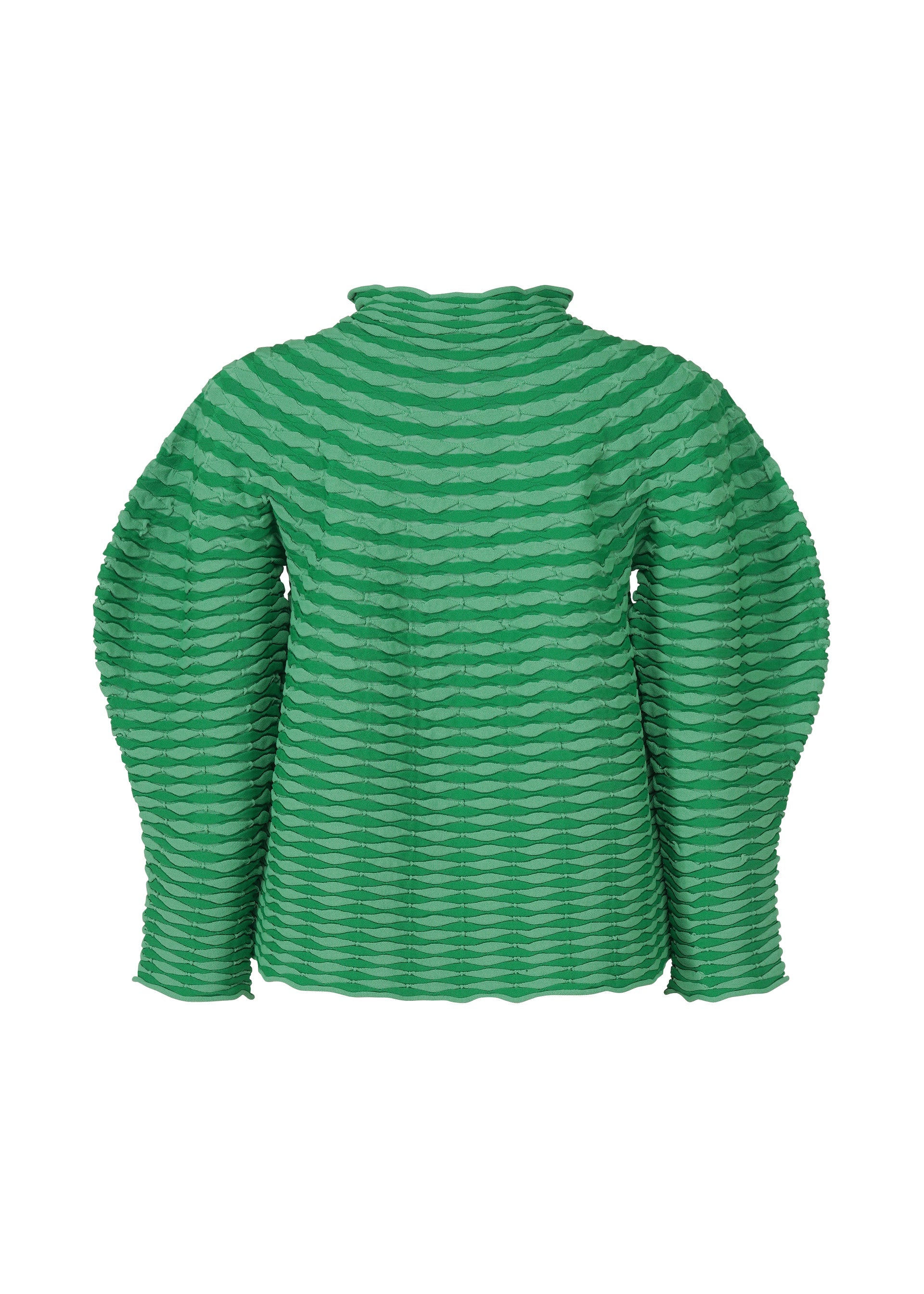 Zoomed view The COLORFUL MUSHROOM KNIT by PLEATS PLEASE ISSEY MIYAKE is a long-sleeved, bright green knit top with horizontal wavy stripes and a mock-neck collar, shown on a white background.