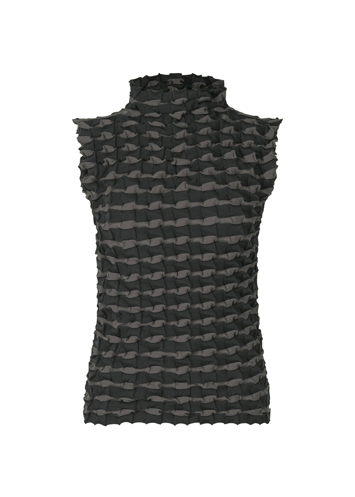 The TWIST KNIT by PLEATS PLEASE ISSEY MIYAKE is a black, high-neck sleeveless top with an all-over grid-like texture in lightweight knit, shown against a plain white background. view 1 of 8