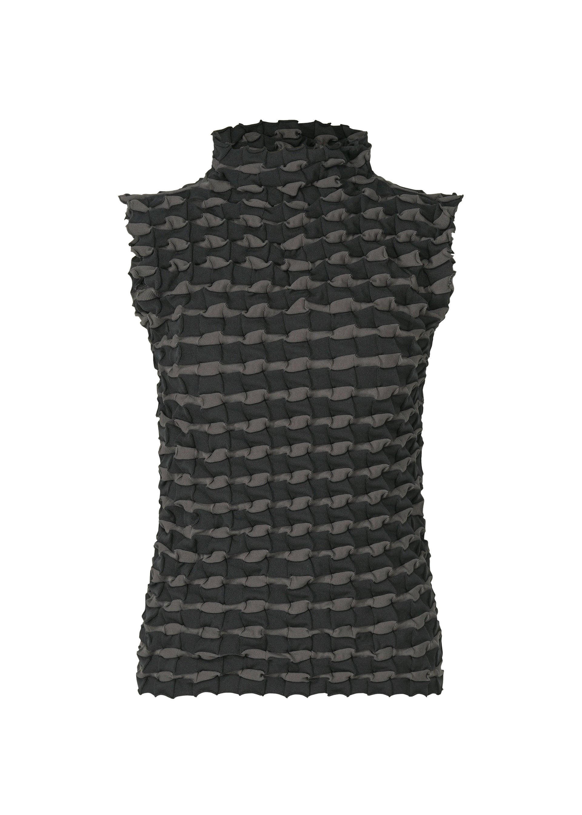 Zoomed view The TWIST KNIT by PLEATS PLEASE ISSEY MIYAKE is a black, high-neck sleeveless top with an all-over grid-like texture in lightweight knit, shown against a plain white background. - CHARCOAL （no.17）