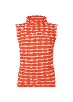 The TWIST KNIT by PLEATS PLEASE ISSEY MIYAKE is a sleeveless, high-neck top in lightweight knit with a textured wavy pattern of red and light pink stripes and pleated fabric for a striking three-dimensional effect. - RED （no.24）