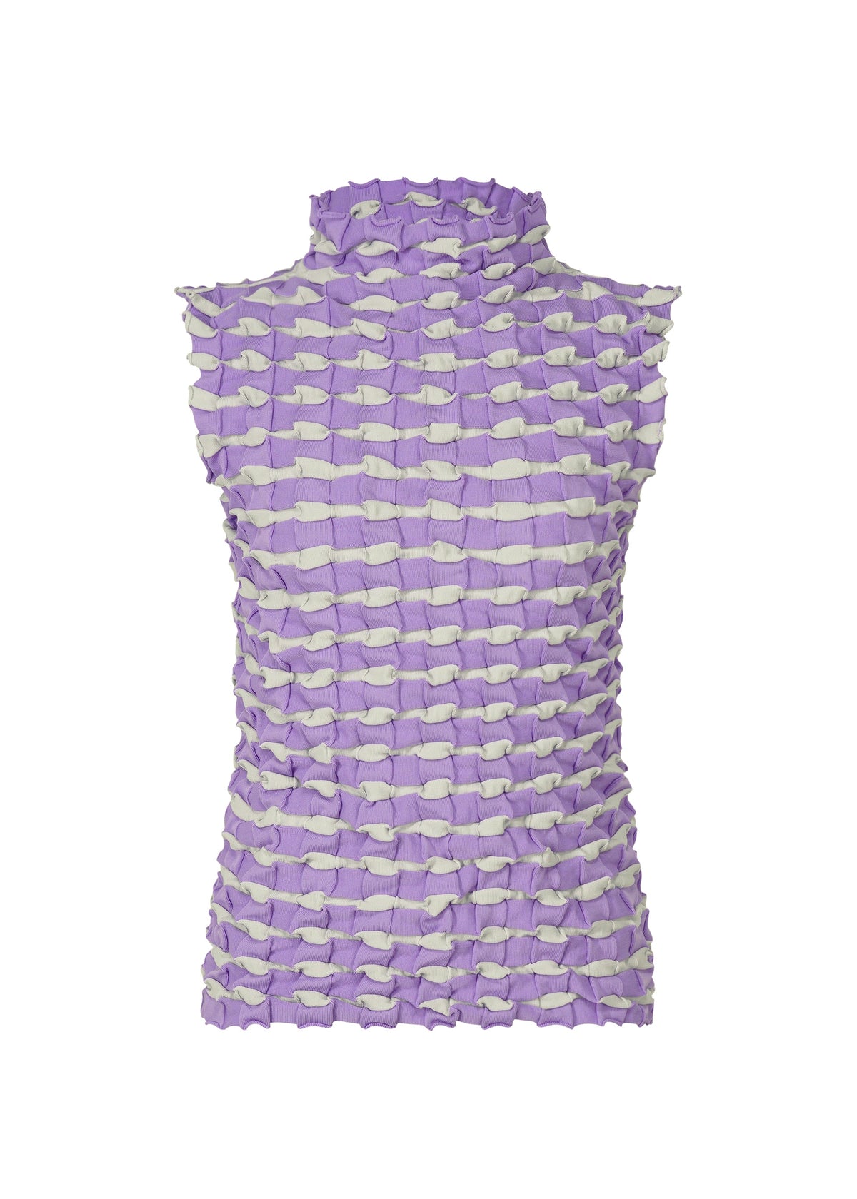 The TWIST KNIT by PLEATS PLEASE ISSEY MIYAKE is a lightweight high-neck top with a textured puckered knit and alternating lavender and light gray horizontal stripes. view 3 of 8