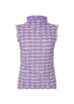 The TWIST KNIT by PLEATS PLEASE ISSEY MIYAKE is a lightweight high-neck top with a textured puckered knit and alternating lavender and light gray horizontal stripes. - LIGHT PURPLE （no.80）
