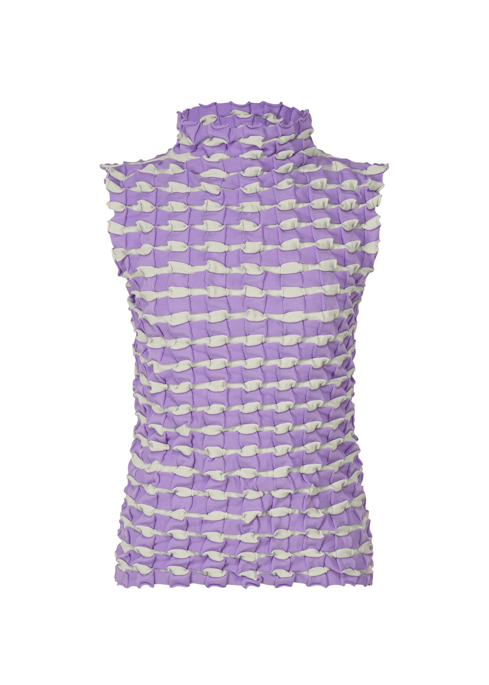 Zoomed view The TWIST KNIT by PLEATS PLEASE ISSEY MIYAKE is a lightweight high-neck top with a textured puckered knit and alternating lavender and light gray horizontal stripes. - LIGHT PURPLE （no.80）