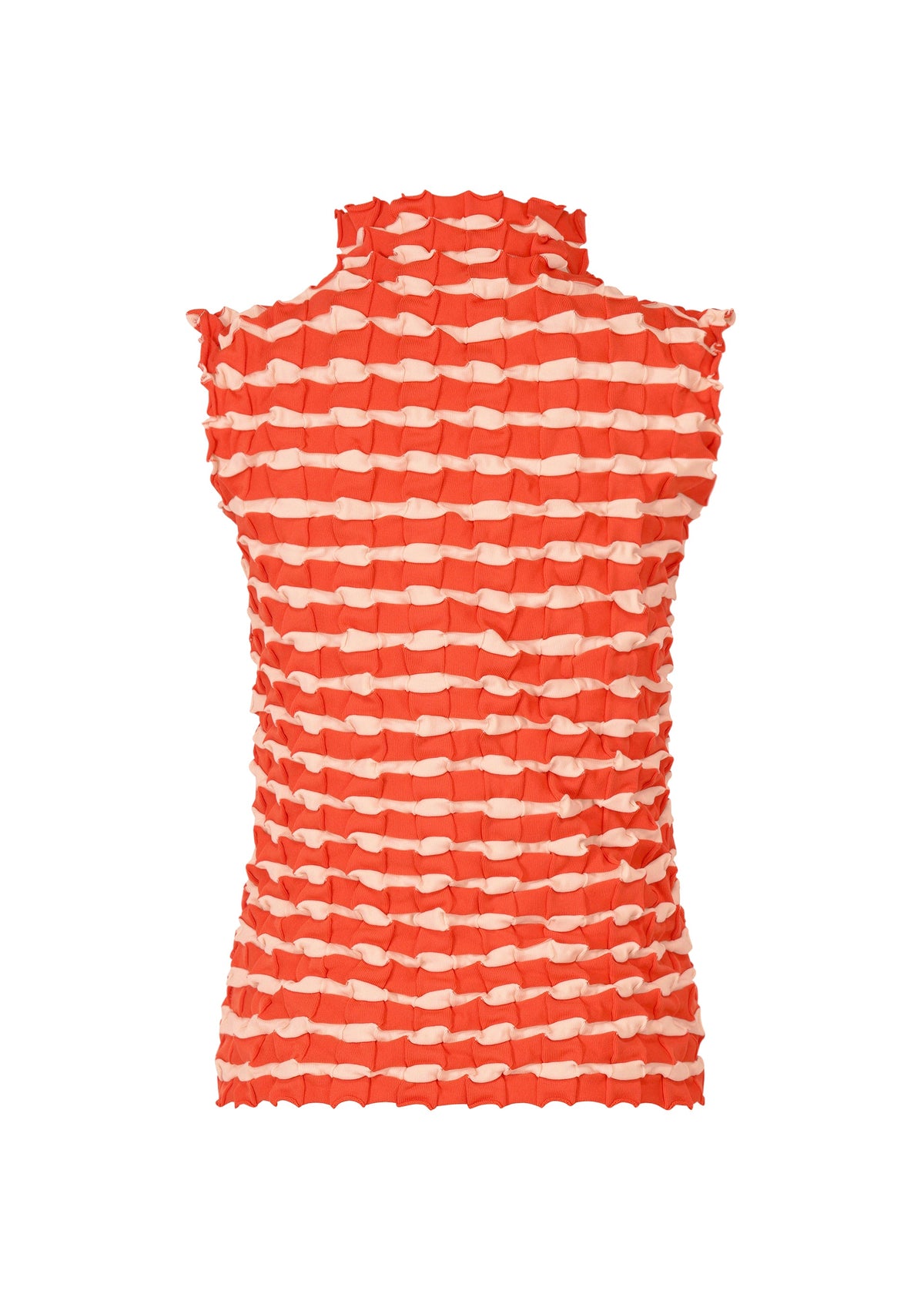 The TWIST KNIT by PLEATS PLEASE ISSEY MIYAKE is a high-neck, sleeveless top featuring textured, crinkled knit fabric with horizontal orange and white stripes, shown against a plain white background. view 4 of 8