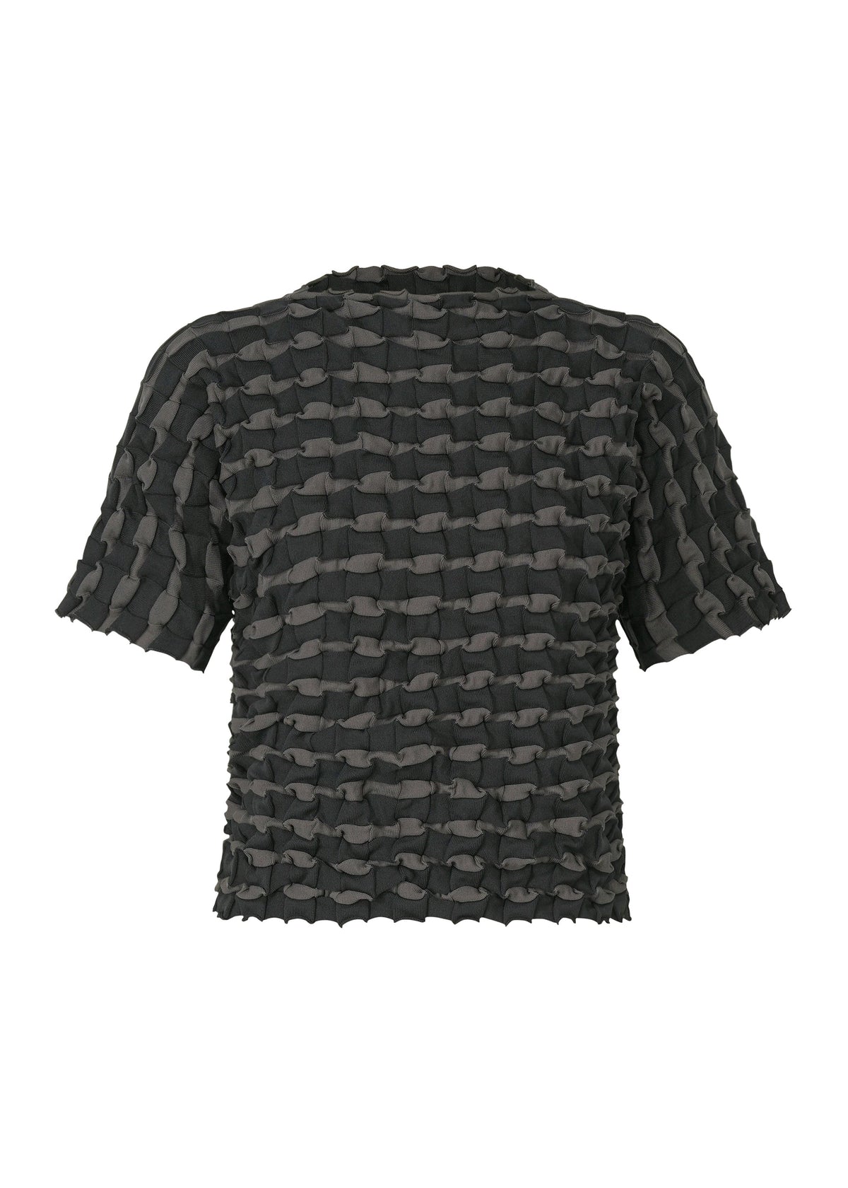 The TWIST KNIT by PLEATS PLEASE ISSEY MIYAKE is a short-sleeved, dark gray top featuring a grid-like, three-dimensional textured pattern, shown from the back. view 1 of 7