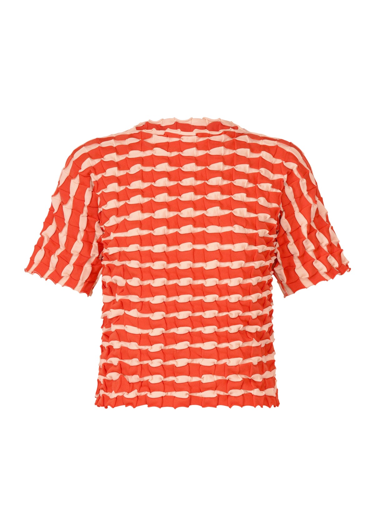 The TWIST KNIT by PLEATS PLEASE ISSEY MIYAKE is a short-sleeved top with red and beige horizontal stripes, a crinkled grid-like texture, round neck, and straight hem. view 2 of 7