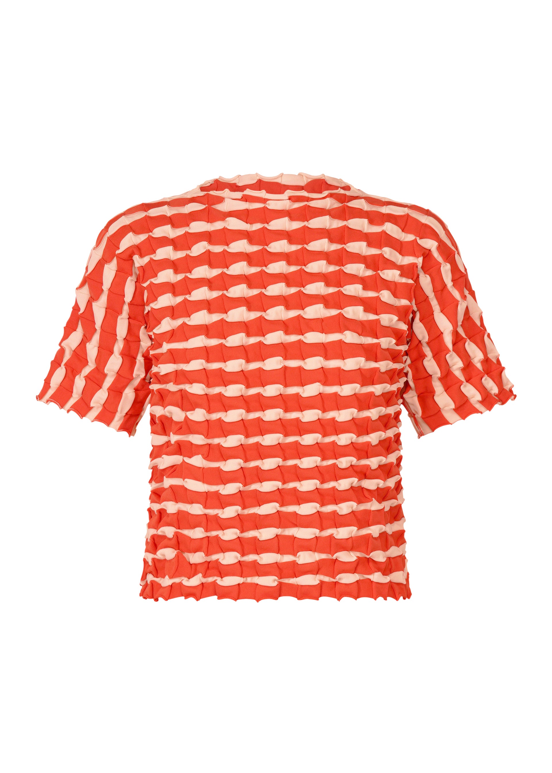 Zoomed view The TWIST KNIT by PLEATS PLEASE ISSEY MIYAKE is a short-sleeved top with red and beige horizontal stripes, a crinkled grid-like texture, round neck, and straight hem. - RED （no.24）