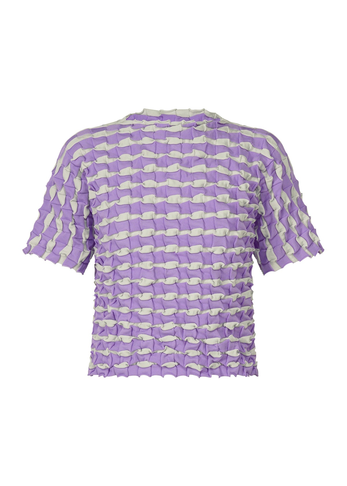 The TWIST KNIT by PLEATS PLEASE ISSEY MIYAKE is a short-sleeved top featuring a wavy grid pattern of lavender and off-white stripes in lightweight, ruched knit for a chic three-dimensional look. view 3 of 7