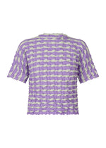 The TWIST KNIT by PLEATS PLEASE ISSEY MIYAKE is a short-sleeved top featuring a wavy grid pattern of lavender and off-white stripes in lightweight, ruched knit for a chic three-dimensional look. - LIGHT PURPLE （no.80）