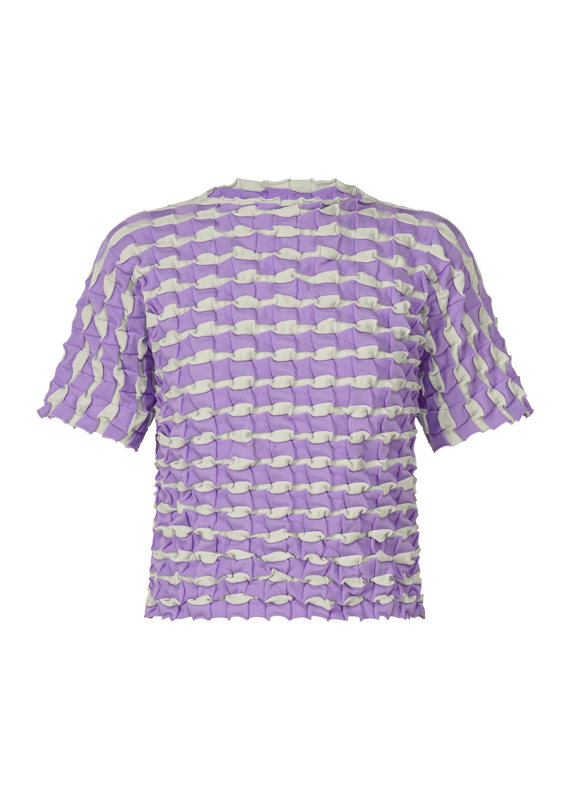 Zoomed view The TWIST KNIT by PLEATS PLEASE ISSEY MIYAKE is a short-sleeved top featuring a wavy grid pattern of lavender and off-white stripes in lightweight, ruched knit for a chic three-dimensional look. - LIGHT PURPLE （no.80）