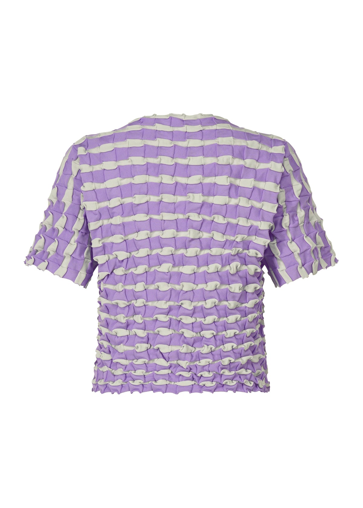 The TWIST KNIT by PLEATS PLEASE ISSEY MIYAKE is a short-sleeved knit top in lilac and white stripes, featuring a textured ruched pattern, shown from the back. view 4 of 7