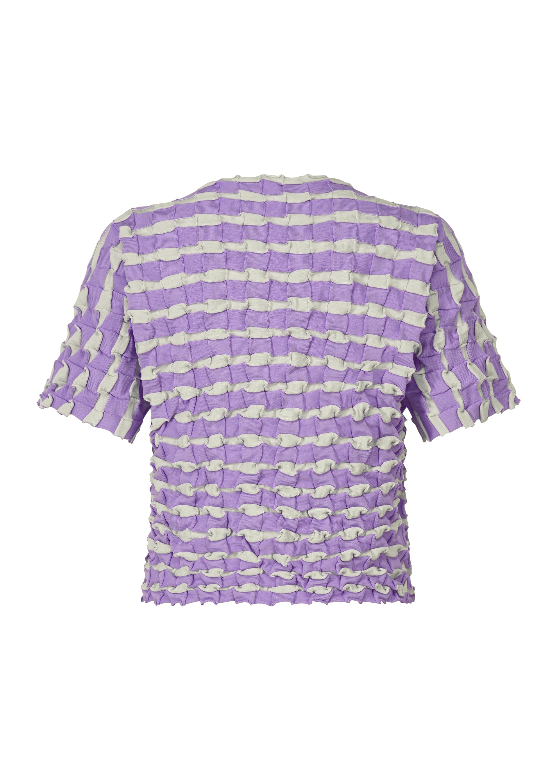 Zoomed view The TWIST KNIT by PLEATS PLEASE ISSEY MIYAKE is a short-sleeved knit top in lilac and white stripes, featuring a textured ruched pattern, shown from the back.