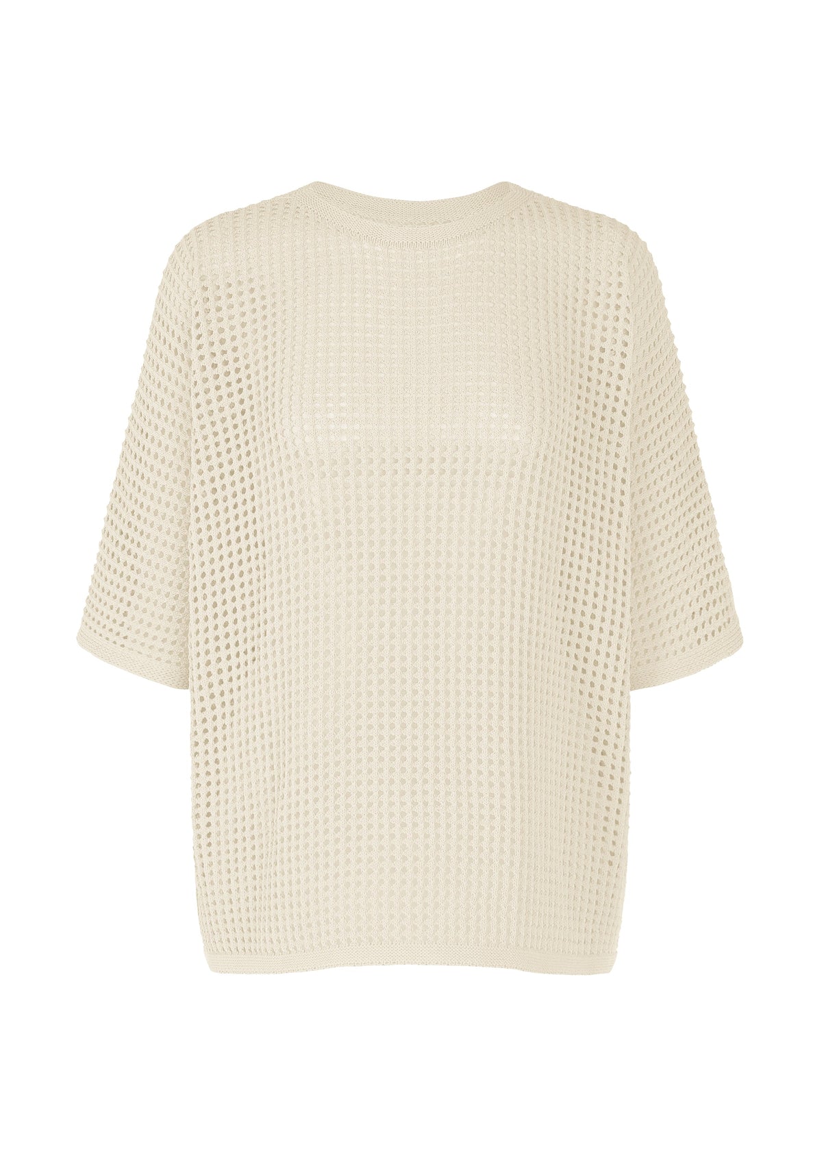 The FISHNET KNIT by PLEATS PLEASE ISSEY MIYAKE is a cream, loose-fit summer sweater with a round neckline and short sleeves, crafted in airy mesh knit, shown against a white background. view 1 of 8