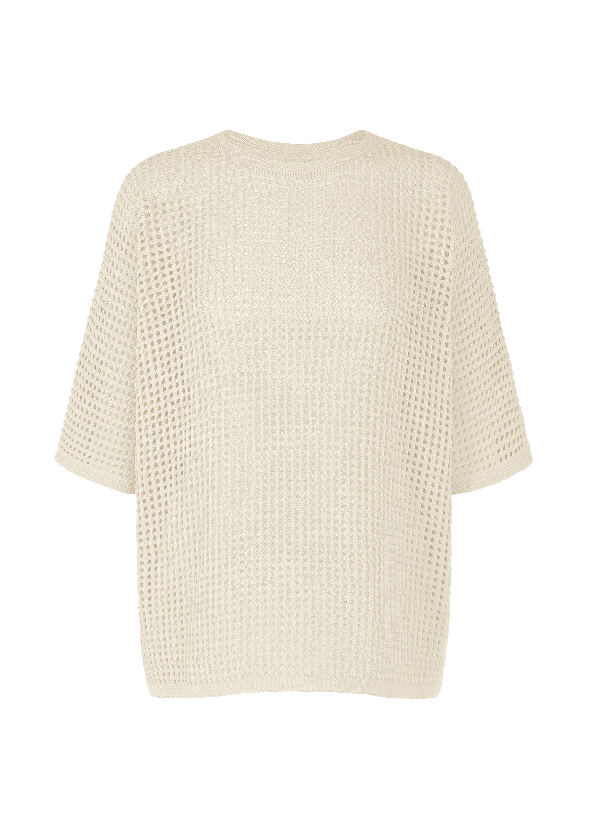 Zoomed view The FISHNET KNIT by PLEATS PLEASE ISSEY MIYAKE is a cream, loose-fit summer sweater with a round neckline and short sleeves, crafted in airy mesh knit, shown against a white background. - IVORY （no.03）