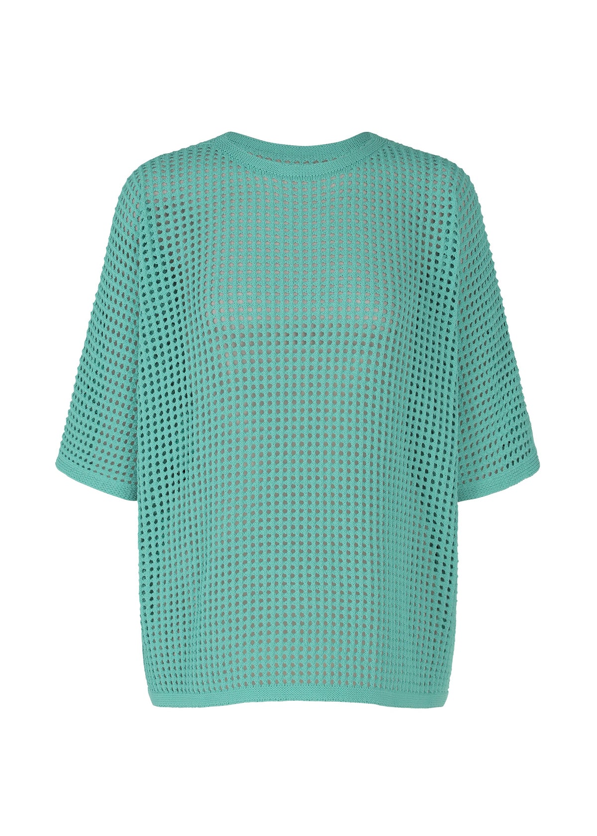 The FISHNET KNIT by PLEATS PLEASE ISSEY MIYAKE is a loose, short-sleeved teal mesh top with a round neck. Its open, semi-sheer knit makes it lightweight and ideal for warm weather. view 2 of 8