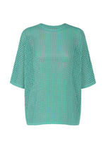 The FISHNET KNIT by PLEATS PLEASE ISSEY MIYAKE is a loose, short-sleeved teal mesh top with a round neck. Its open, semi-sheer knit makes it lightweight and ideal for warm weather. - TURQUOISE GREEN （no.66）