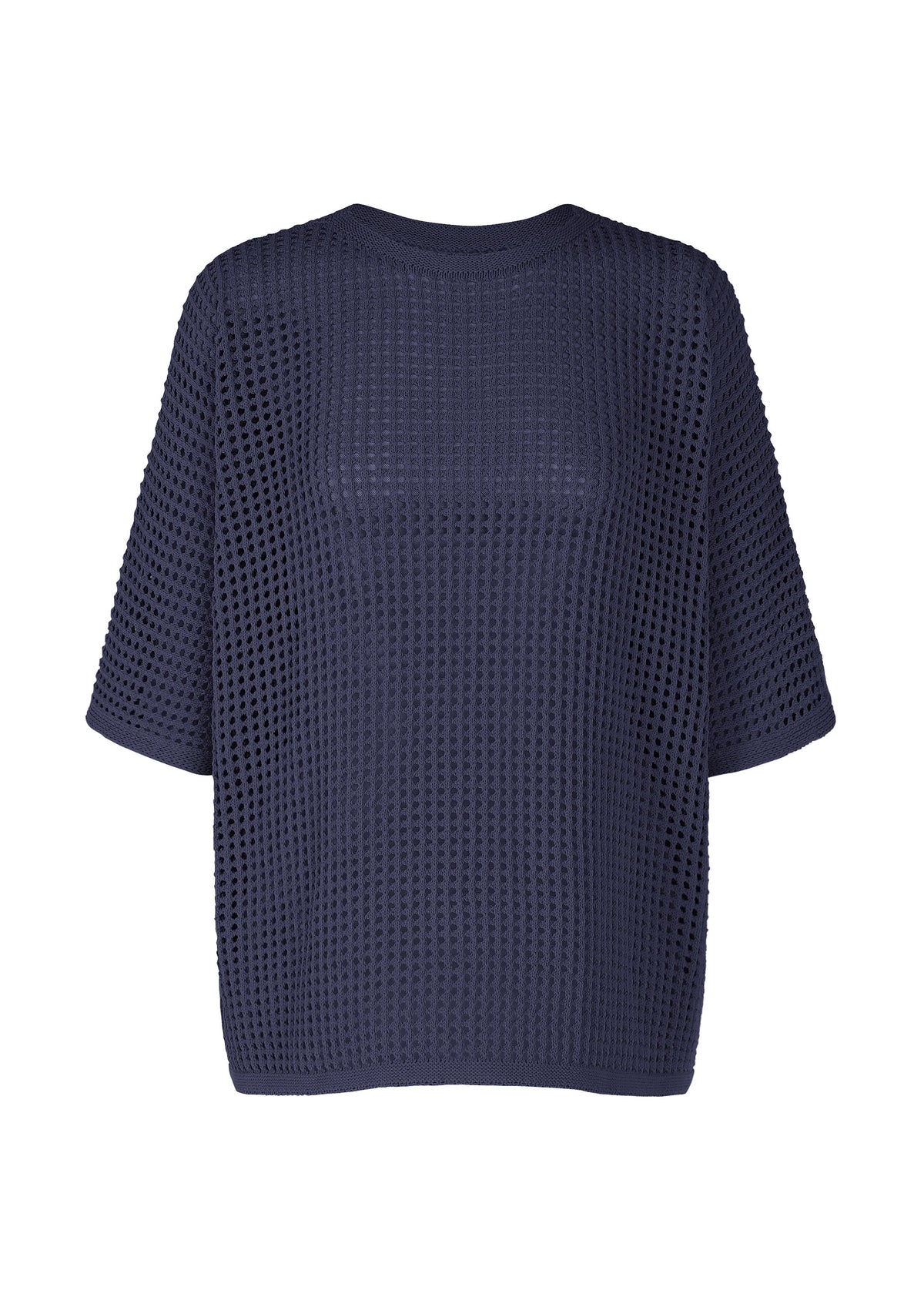 The FISHNET KNIT by PLEATS PLEASE ISSEY MIYAKE is a navy blue, loose-fit summer top with short sleeves and a mesh-like, perforated texture made from recycled nylon knit, shown on a white background. view 3 of 8