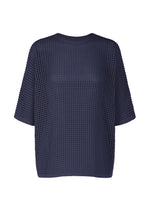 The FISHNET KNIT by PLEATS PLEASE ISSEY MIYAKE is a navy blue, loose-fit summer top with short sleeves and a mesh-like, perforated texture made from recycled nylon knit, shown on a white background. - NAVY （no.75）