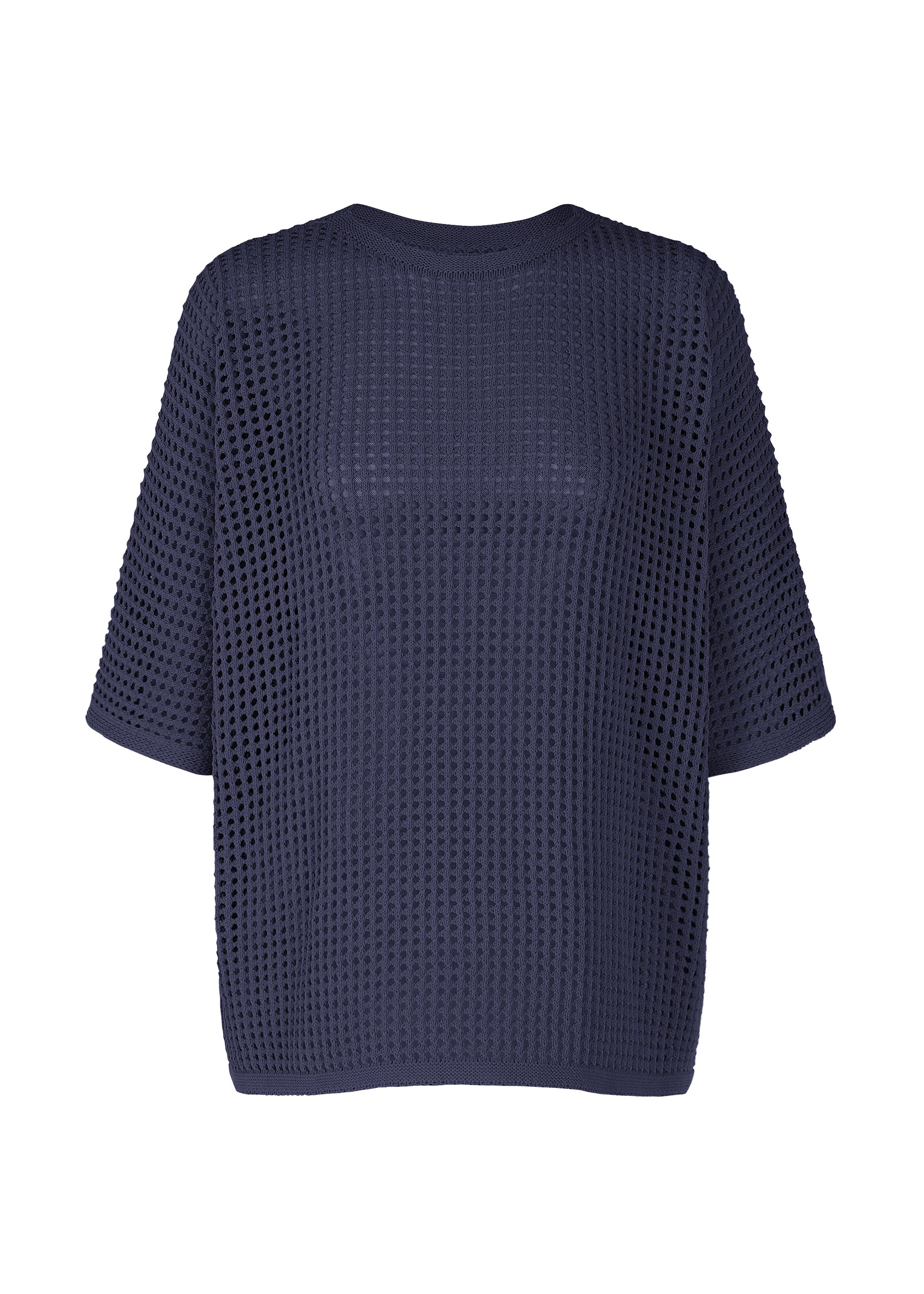Zoomed view The FISHNET KNIT by PLEATS PLEASE ISSEY MIYAKE is a navy blue, loose-fit summer top with short sleeves and a mesh-like, perforated texture made from recycled nylon knit, shown on a white background. - NAVY （no.75）