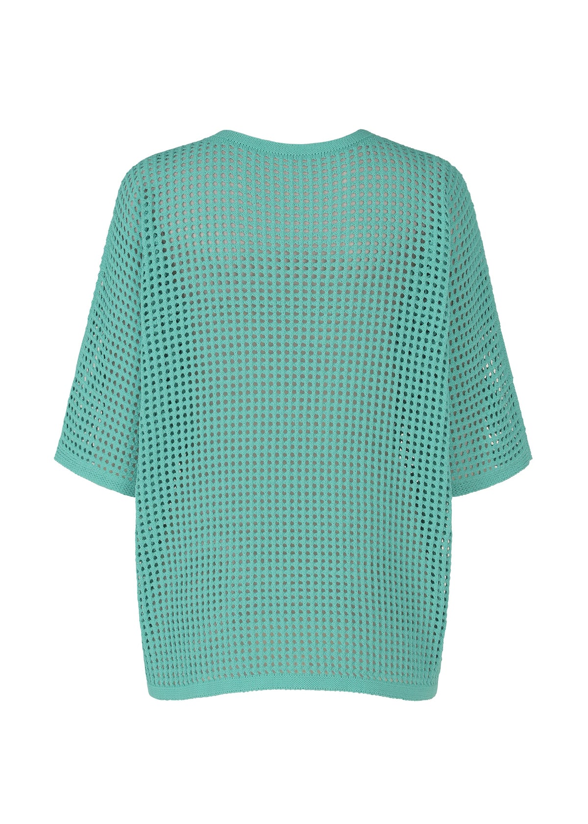 The FISHNET KNIT by PLEATS PLEASE ISSEY MIYAKE is a turquoise short-sleeve, relaxed-fit recycled nylon mesh sweater with a wide, open-weave pattern, shown from the back. view 4 of 8