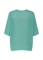 The FISHNET KNIT by PLEATS PLEASE ISSEY MIYAKE is a turquoise short-sleeve, relaxed-fit recycled nylon mesh sweater with a wide, open-weave pattern, shown from the back.
