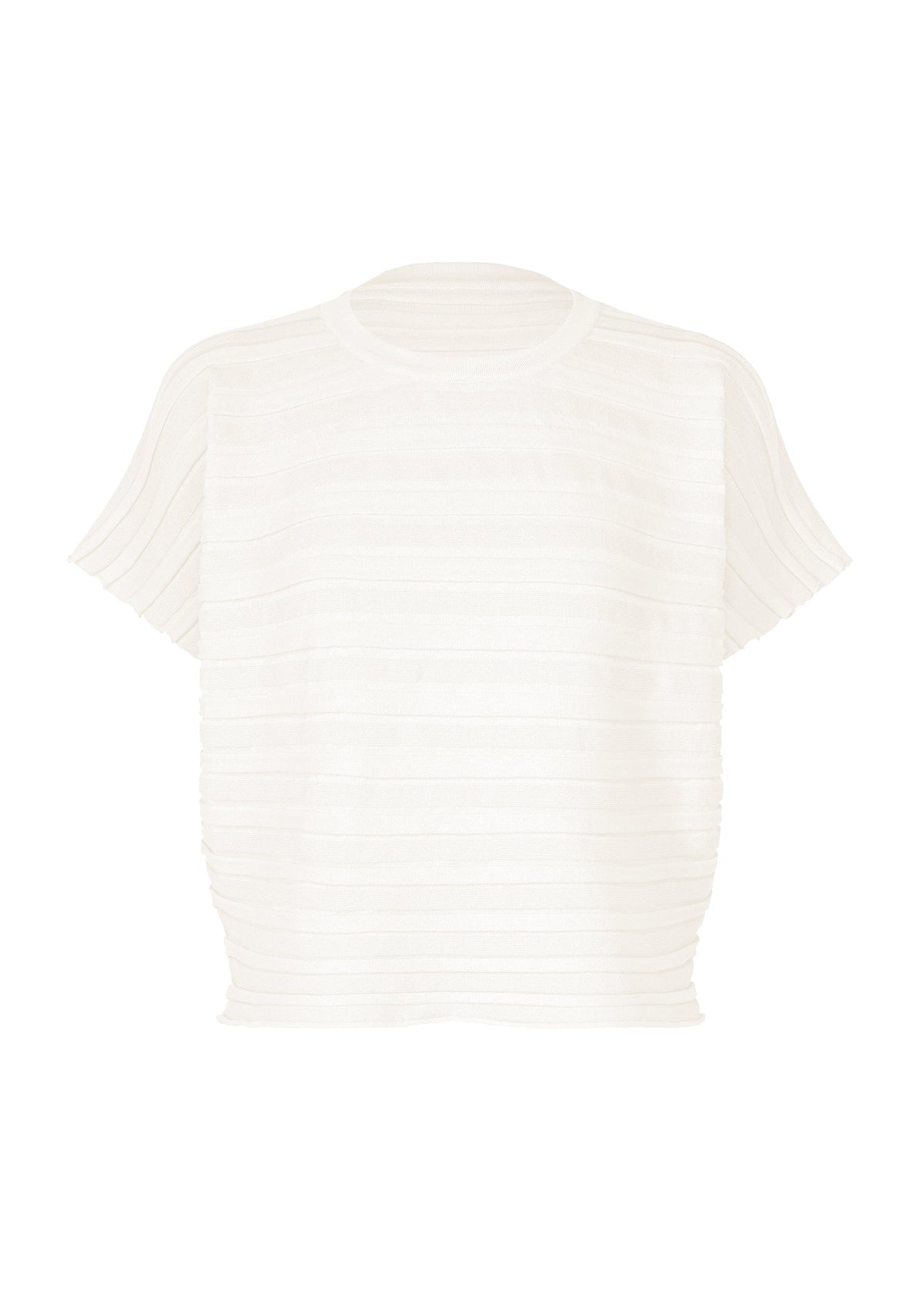 The STEP KNIT by PLEATS PLEASE ISSEY MIYAKE is a short-sleeved, loose white organic cotton top with a crew neck and textured horizontal stripes, ideal for summer, shown on a plain white background. view 1 of 7