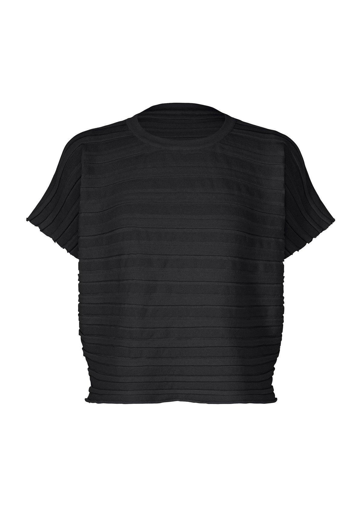 The STEP KNIT by PLEATS PLEASE ISSEY MIYAKE is a short-sleeved, loose-fit black knit top with horizontal textured stripes and a round neckline, shown on a white background—ideal for summer styling. view 2 of 7