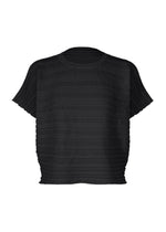 The STEP KNIT by PLEATS PLEASE ISSEY MIYAKE is a short-sleeved, loose-fit black knit top with horizontal textured stripes and a round neckline, shown on a white background—ideal for summer styling. - BLACK （no.15）