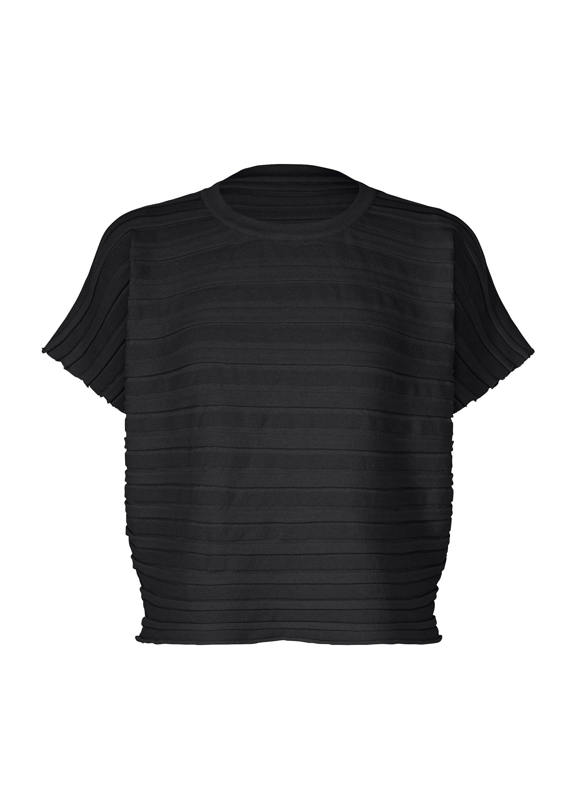 Zoomed view The STEP KNIT by PLEATS PLEASE ISSEY MIYAKE is a short-sleeved, loose-fit black knit top with horizontal textured stripes and a round neckline, shown on a white background—ideal for summer styling. - BLACK （no.15）