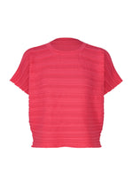 The STEP KNIT by PLEATS PLEASE ISSEY MIYAKE is a short-sleeved, bright pink striped knit top with horizontal ribbed stripes and a round neckline, ideal for summer, shown on a white background. - PINK （no.22）