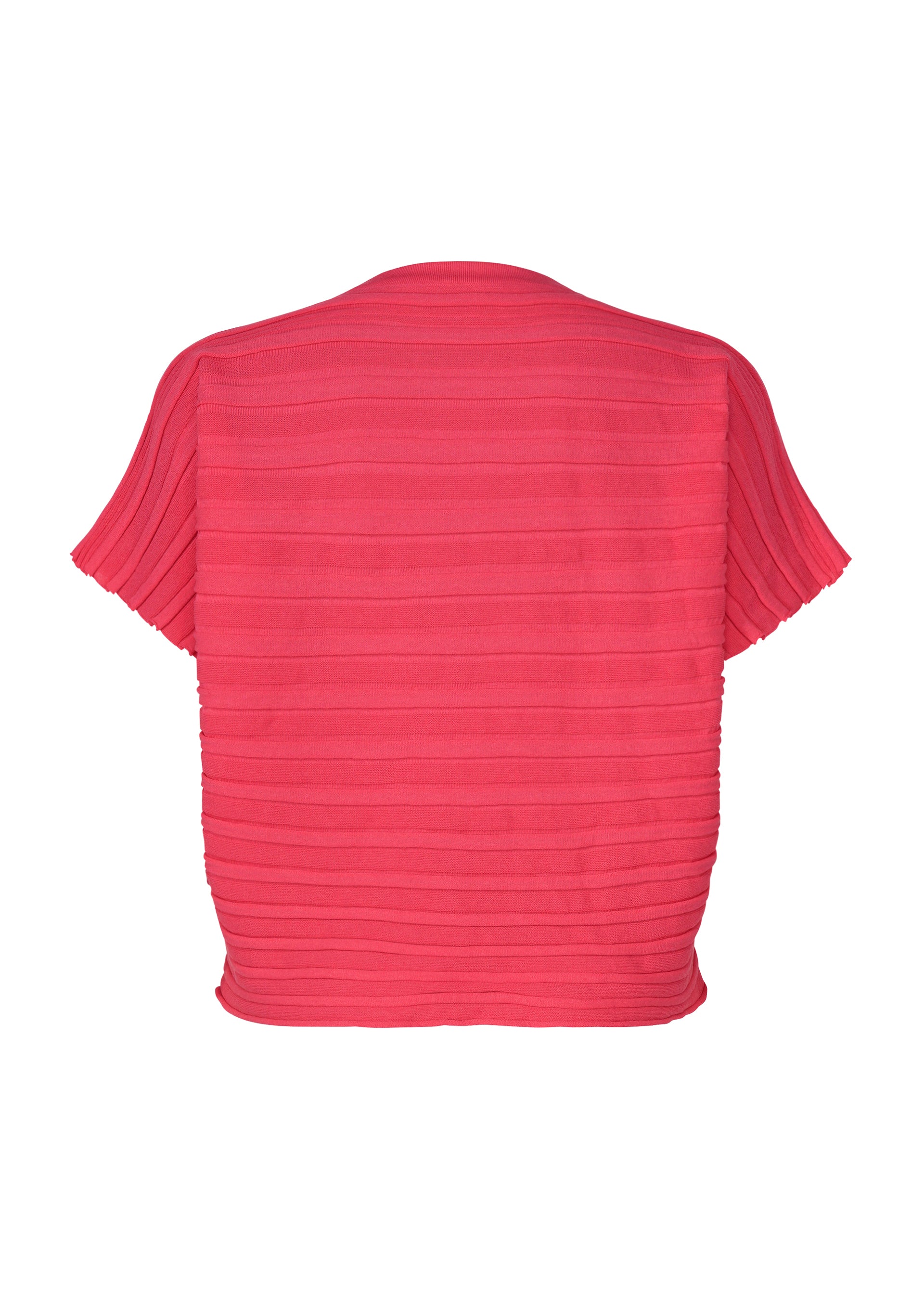 Zoomed view STEP KNIT by PLEATS PLEASE ISSEY MIYAKE: a bright pink short-sleeve top with horizontal textured stripes, shown from the back against a white background. Crafted in soft organic cotton knit for a relaxed, breezy summer look.