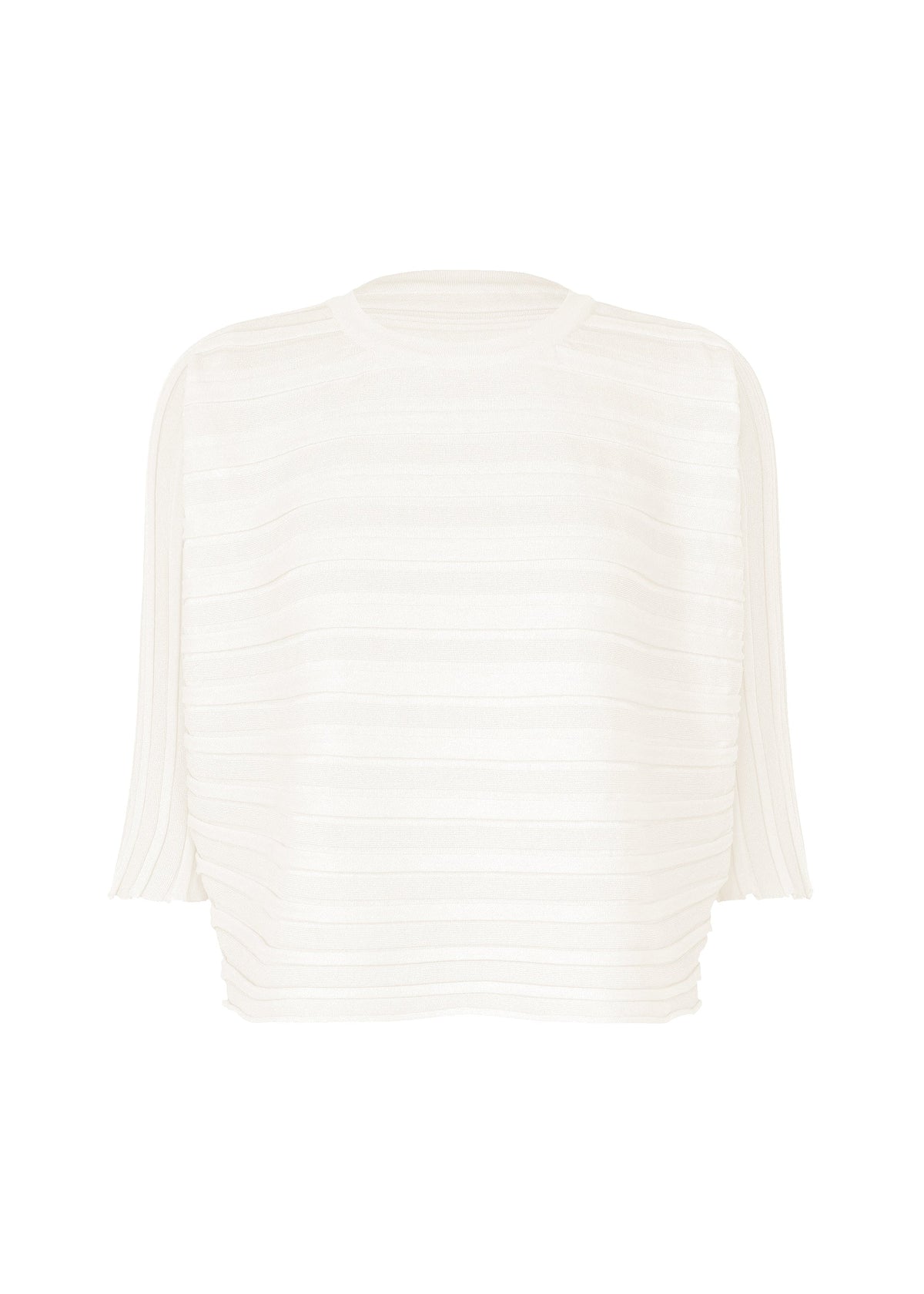 The STEP KNIT by PLEATS PLEASE ISSEY MIYAKE is a white, semi-sheer organic cotton top with short sleeves, horizontal textured stripes, and a round neckline—ideal for airy summer looks. Shown on a plain background. view 1 of 7