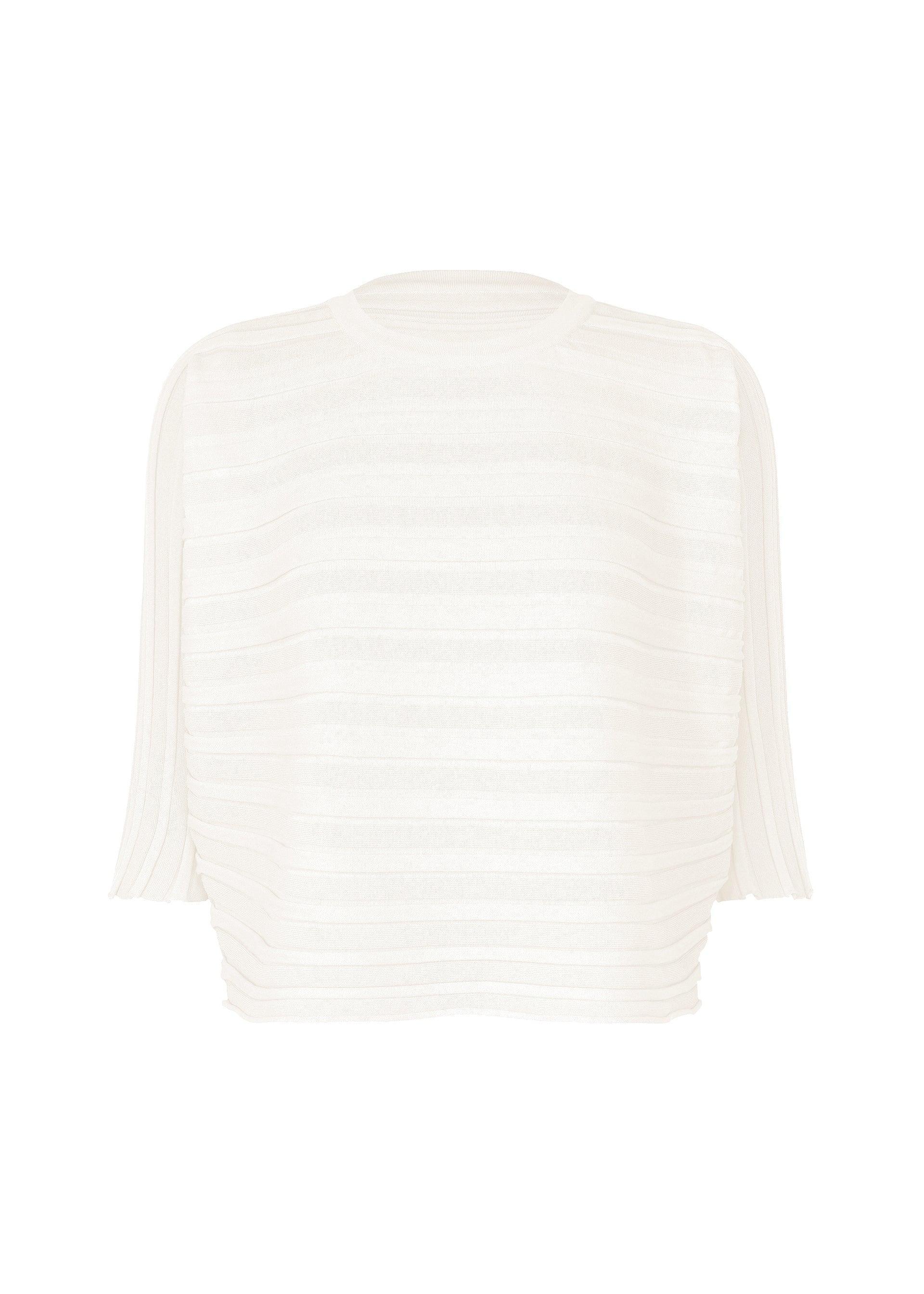 Zoomed view The STEP KNIT by PLEATS PLEASE ISSEY MIYAKE is a white, semi-sheer organic cotton top with short sleeves, horizontal textured stripes, and a round neckline—ideal for airy summer looks. Shown on a plain background. - OFF WHITE （no.02）