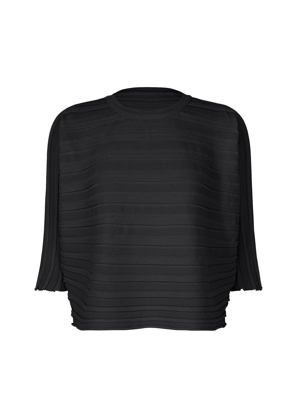 The STEP KNIT by PLEATS PLEASE ISSEY MIYAKE is a black, loose-fit, long-sleeve blouse made from recycled polyester knit with textured stripes, featuring a high round neck and cropped hem, shown on a plain white background. view 2 of 7