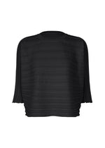 The STEP KNIT by PLEATS PLEASE ISSEY MIYAKE is a black, loose-fit, long-sleeve blouse made from recycled polyester knit with textured stripes, featuring a high round neck and cropped hem, shown on a plain white background. - BLACK （no.15）