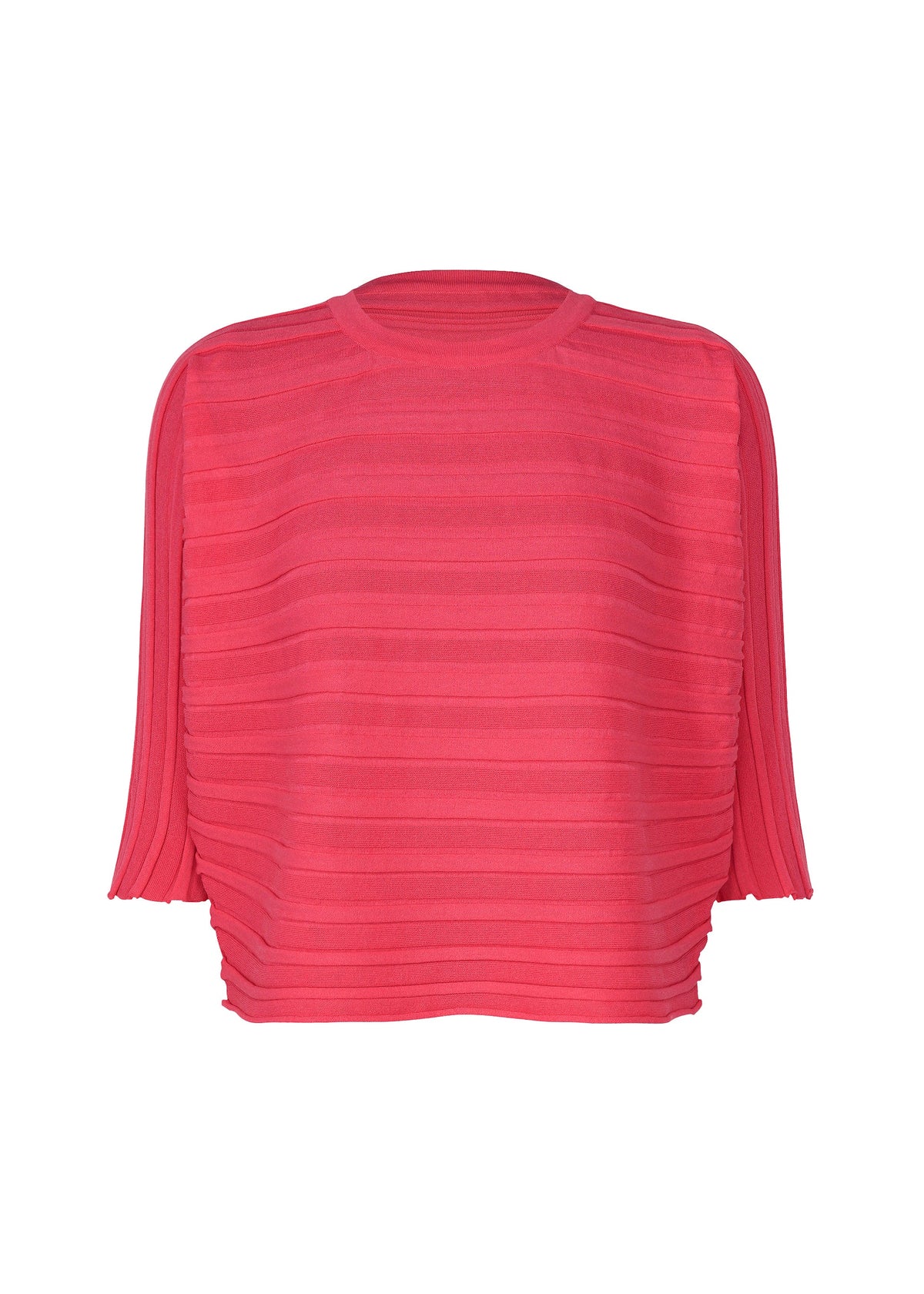 The STEP KNIT by PLEATS PLEASE ISSEY MIYAKE is a bright pink, sheer ribbed blouse crafted from recycled polyester knit with three-quarter sleeves and a round neckline. Perfect for stylish summer outfits, shown on a white background. view 3 of 7