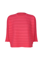 The STEP KNIT by PLEATS PLEASE ISSEY MIYAKE is a bright pink, sheer ribbed blouse crafted from recycled polyester knit with three-quarter sleeves and a round neckline. Perfect for stylish summer outfits, shown on a white background. - PINK （no.22）