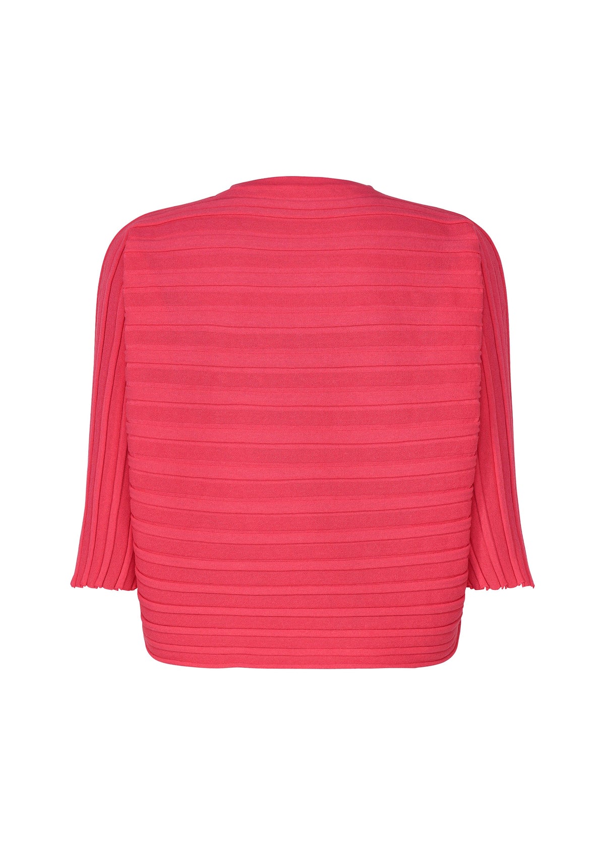 Back view of the STEP KNIT by PLEATS PLEASE ISSEY MIYAKE—a bright pink, ribbed sweater in recycled polyester with horizontal textured stripes and three-quarter sleeves, perfect for summer styling. view 4 of 7
