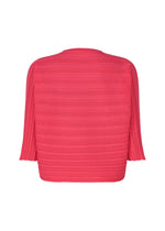 Back view of the STEP KNIT by PLEATS PLEASE ISSEY MIYAKE—a bright pink, ribbed sweater in recycled polyester with horizontal textured stripes and three-quarter sleeves, perfect for summer styling.