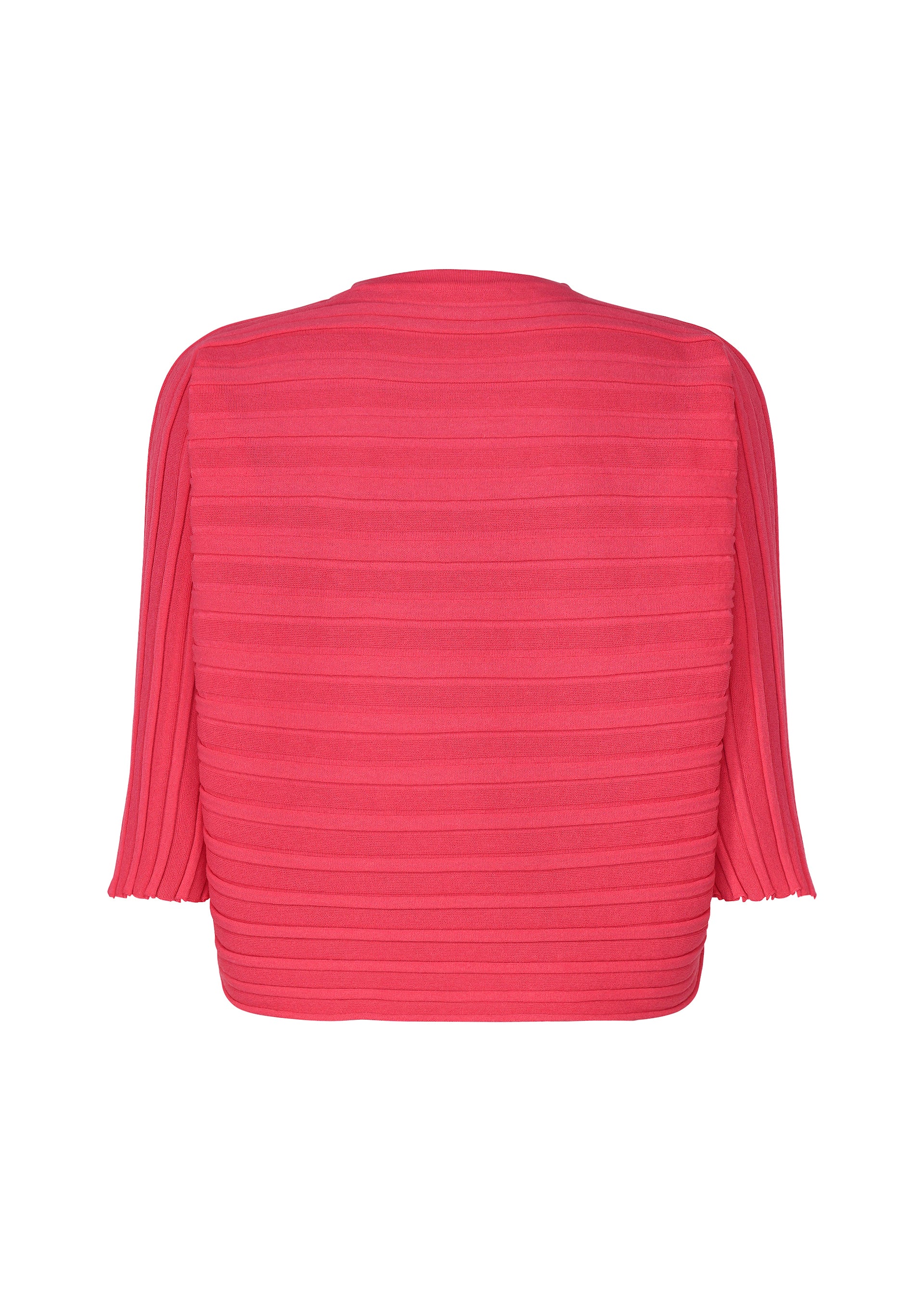 Zoomed view Back view of the STEP KNIT by PLEATS PLEASE ISSEY MIYAKE—a bright pink, ribbed sweater in recycled polyester with horizontal textured stripes and three-quarter sleeves, perfect for summer styling.