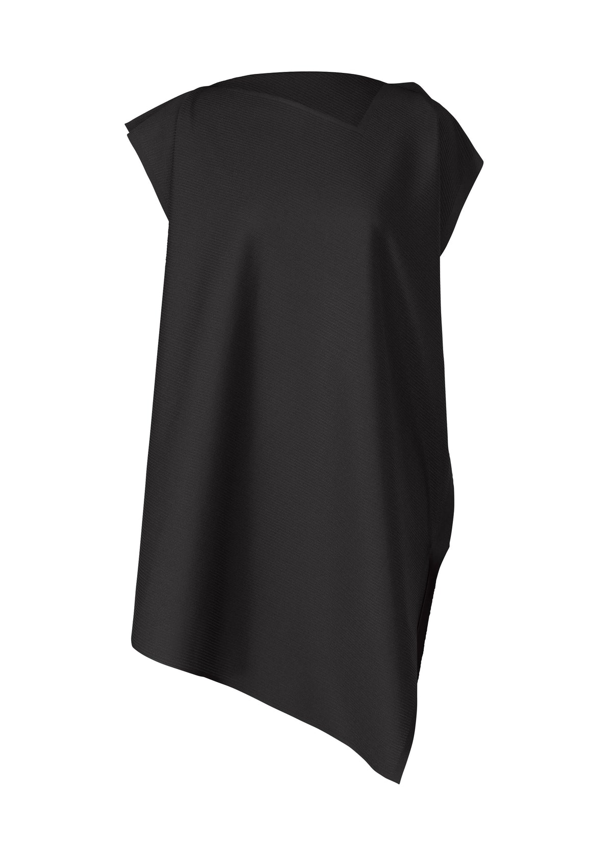 The A-POC SEA GLASS by PLEATS PLEASE ISSEY MIYAKE is a black, asymmetrical poncho-style garment with a wide square neckline, shown on a white background. One side drapes longer, highlighting its unique design and smooth fabric. view 1 of 8