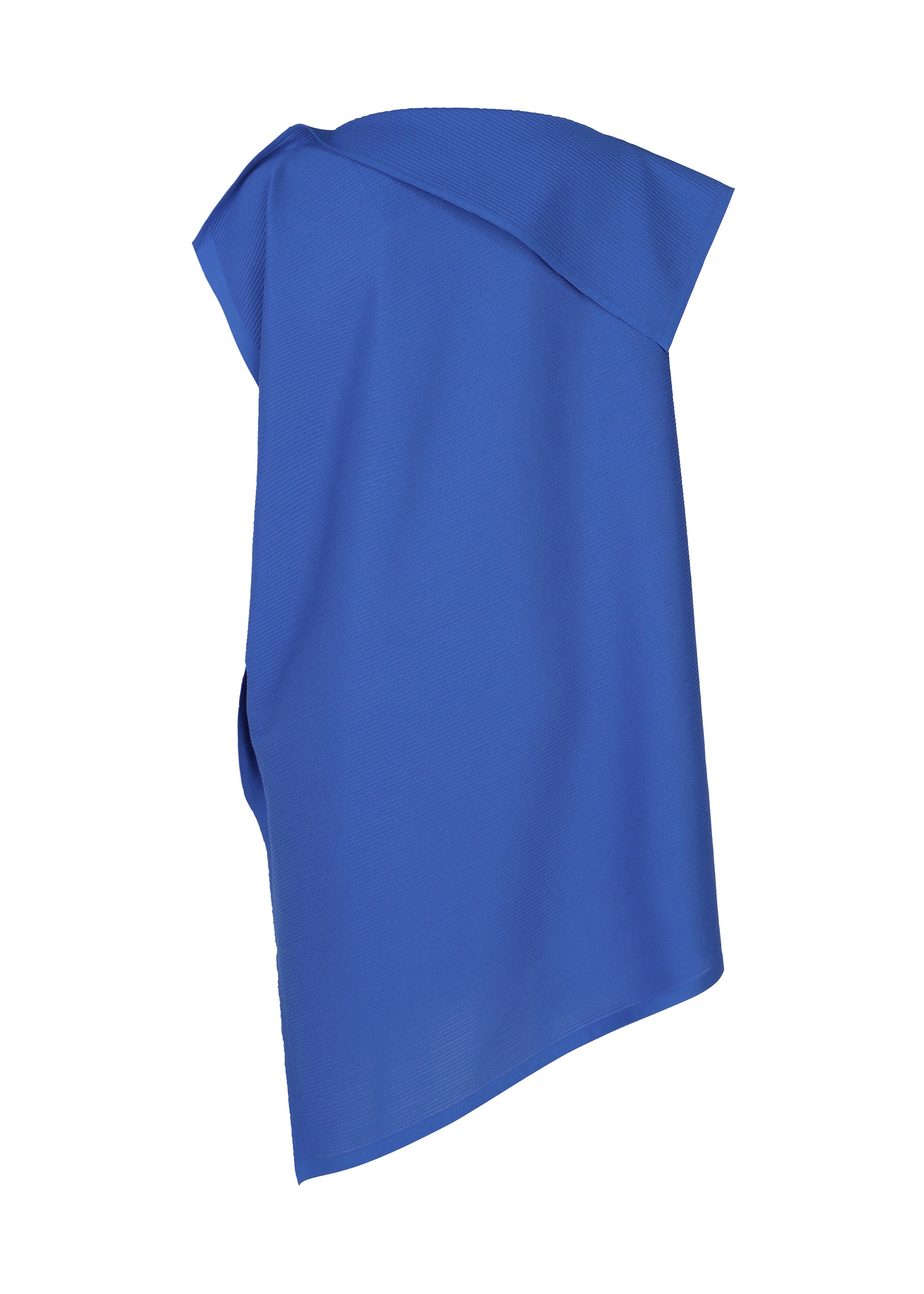 Zoomed view The PLEATS PLEASE ISSEY MIYAKE A-POC SEA GLASS is a blue, asymmetrical tunic with a unique draped design, reminiscent of sea glass, shown against a white background.