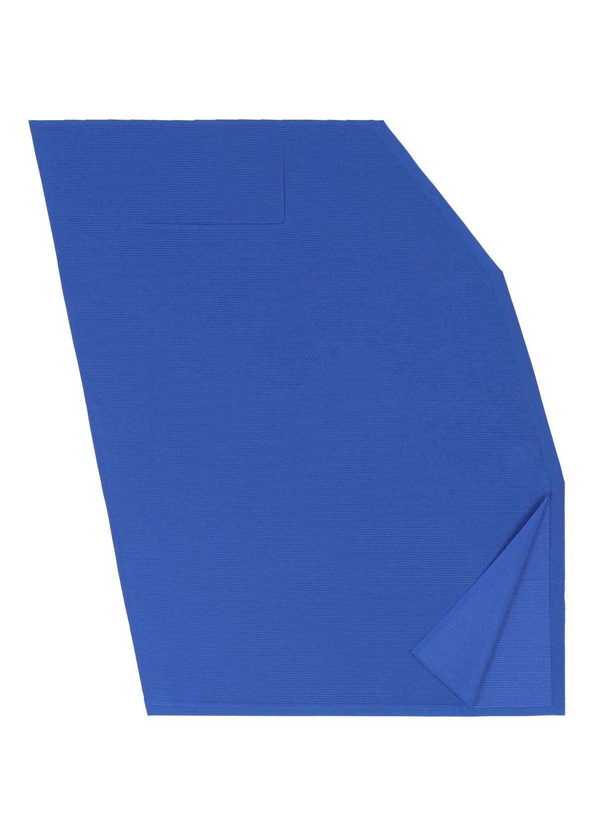 A-POC SEA GLASS by PLEATS PLEASE ISSEY MIYAKE: a large, blue, uniquely-shaped textile with visible texture and a folded corner, inspired by sea glass, displayed flat on a white background. view 5 of 8