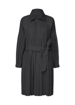 The SMOOTH COAT by PLEATS PLEASE ISSEY MIYAKE is a long-sleeved, knee-length black dress with Keshi pleats, a collar, button-down front, and a matching fabric belt tied at the waist for elegant style. - BLACK （no.15）