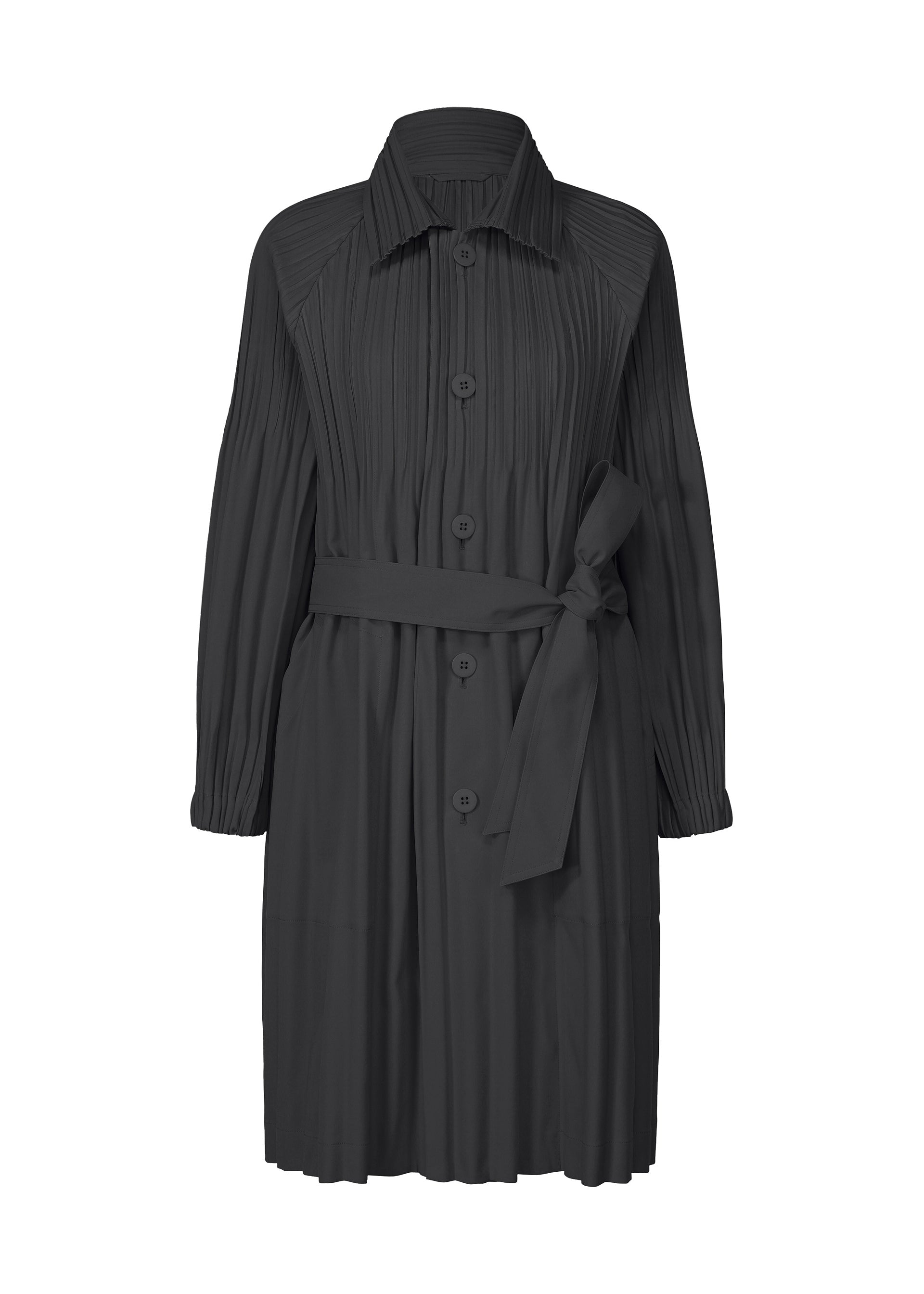 Zoomed view The SMOOTH COAT by PLEATS PLEASE ISSEY MIYAKE is a long-sleeved, knee-length black dress with Keshi pleats, a collar, button-down front, and a matching fabric belt tied at the waist for elegant style. - BLACK （no.15）