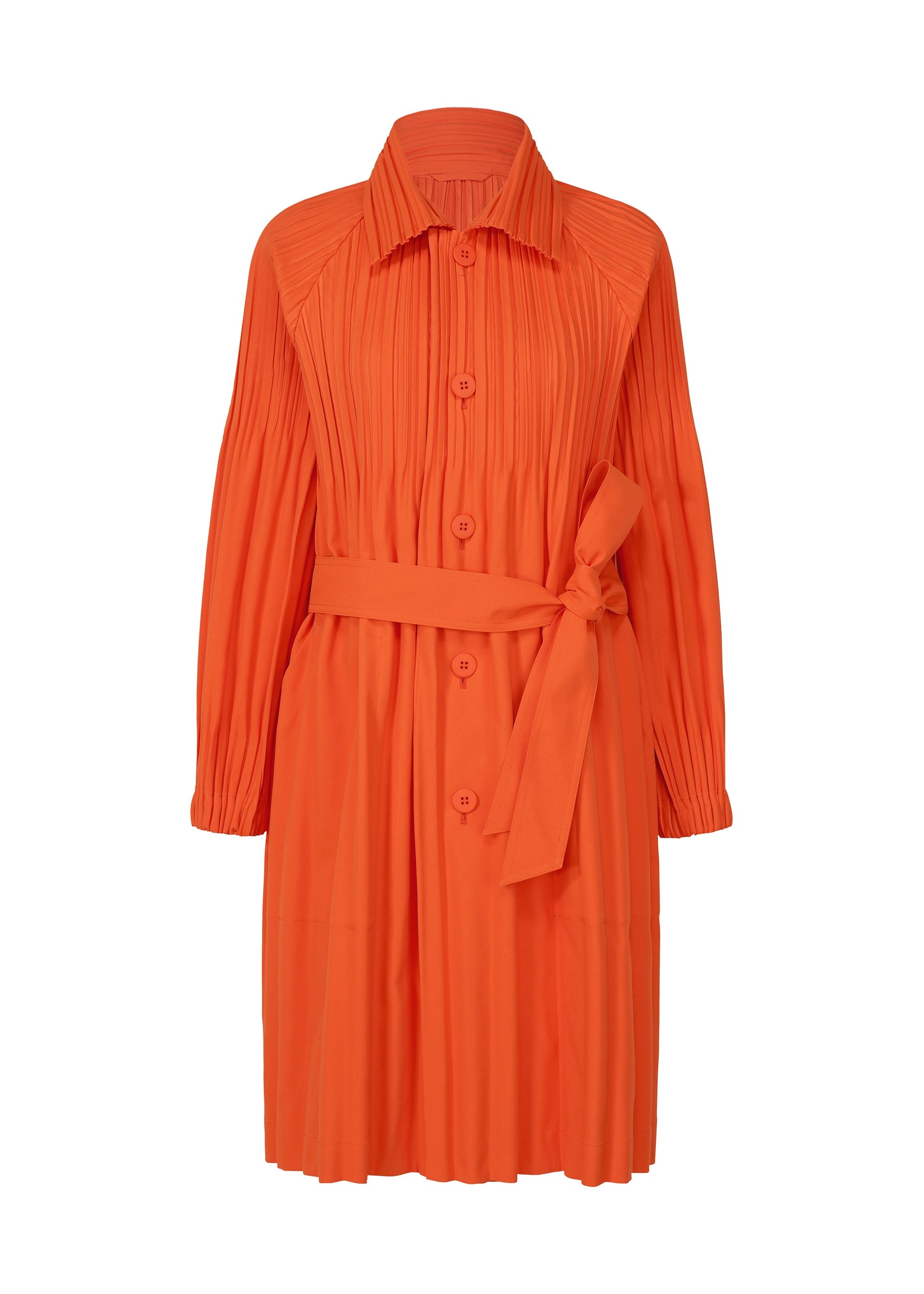Zoomed view The SMOOTH COAT from PLEATS PLEASE ISSEY MIYAKE is an orange, knee-length, long-sleeved pleated dress with a collar, button-down front, and a matching fabric belt tied in a bow at the waist. - ORANGE RED （no.35）