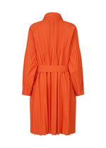 The SMOOTH COAT by PLEATS PLEASE ISSEY MIYAKE is a bright orange, long-sleeved piece with wind-resistant Keshi pleats and a belted waist, displayed from the back against a white background.