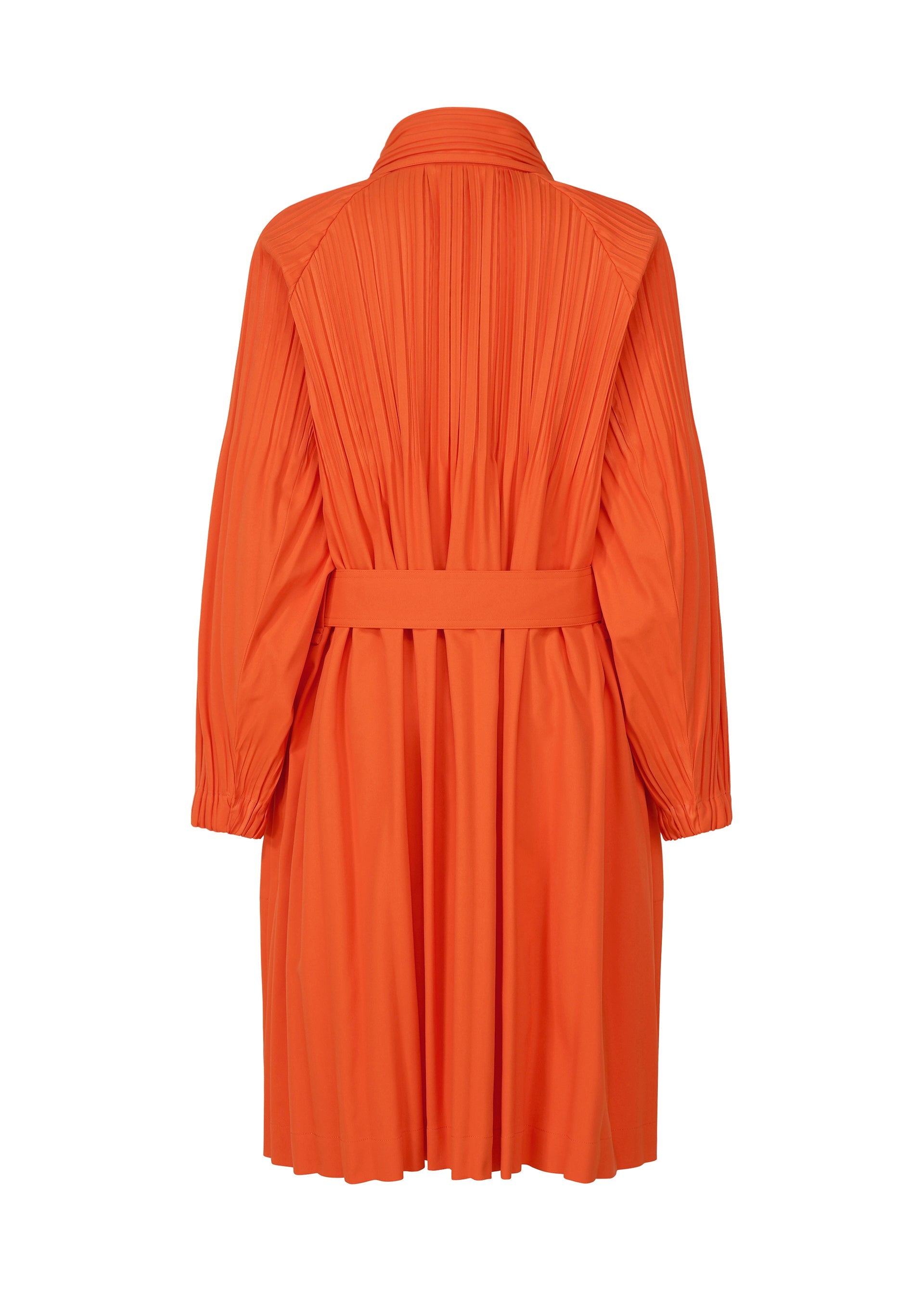 Zoomed view The SMOOTH COAT by PLEATS PLEASE ISSEY MIYAKE is a bright orange, long-sleeved piece with wind-resistant Keshi pleats and a belted waist, displayed from the back against a white background.