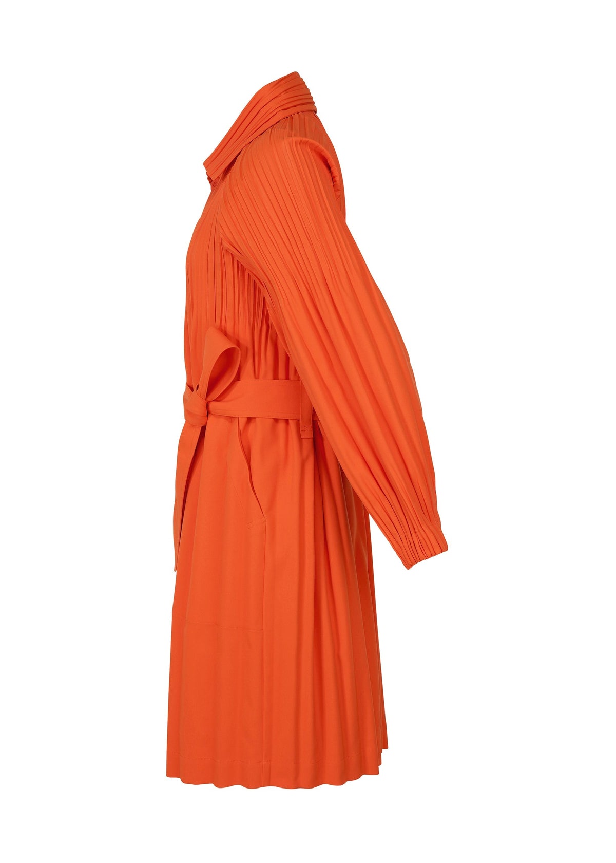 Side view of a bright orange, long-sleeve SMOOTH COAT by PLEATS PLEASE ISSEY MIYAKE, featuring a collar, belted waist, and knee-length hem. The coat is displayed on a plain white background. view 5 of 9